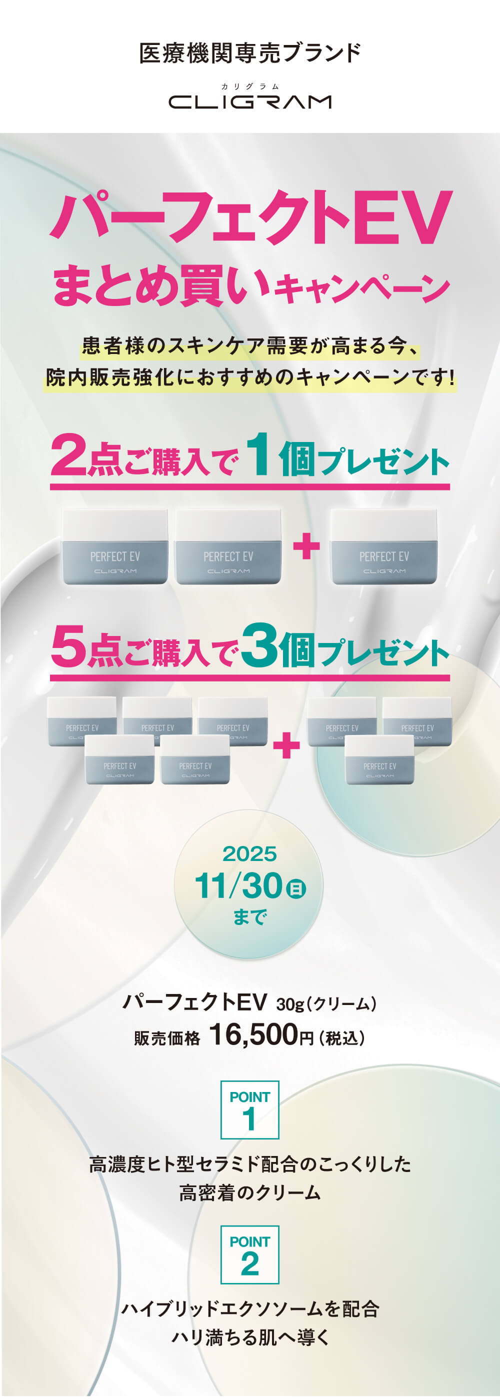 CLIGRAM パーフェクトEVまとめ買いキャンペーン。2点購入で1個、5点購入で3個プレゼント。2025年11月30日まで。PERFECT EV 30g（クリーム）税込16,500円。高濃度ヒト型セラミド配合の高密着クリーム＋ハイブリッドエクソソームでハリ肌へ。